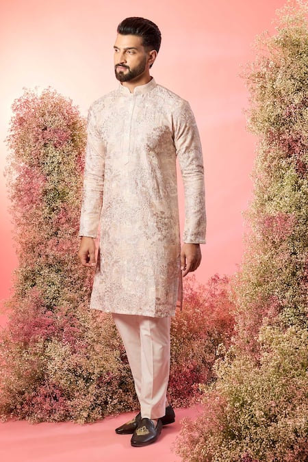 Kasbah Pink Silk Embroidery Powder Chikankari Kurta 