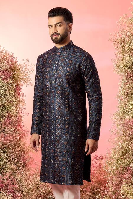 Buy_Kasbah_Blue Silk Embroidery Chikankari Kurta With Thread Work _Online_at_Aza_Fashions