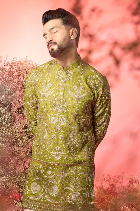 Kasbah_Green Georgette Embroidery Neon Chikankari Kurta _Online_at_Aza_Fashions