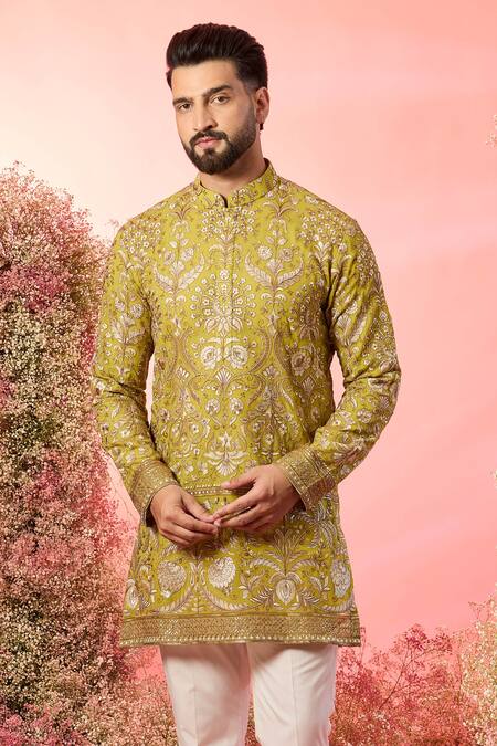 Buy_Kasbah_Green Georgette Embroidery Neon Chikankari Kurta _Online_at_Aza_Fashions