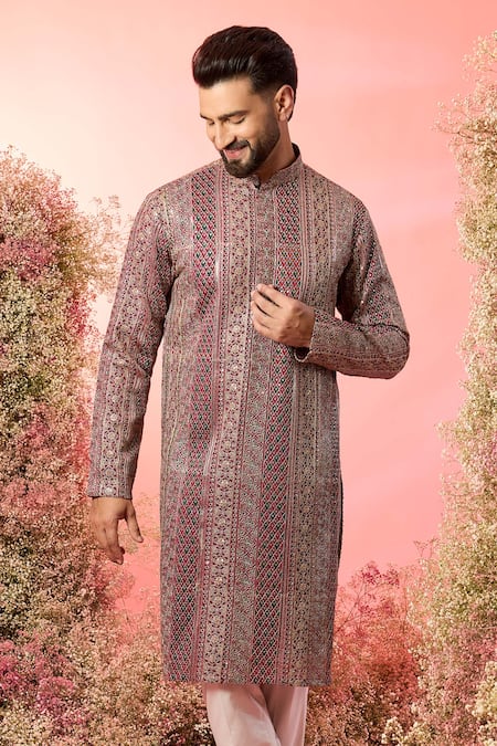 Buy_Kasbah_Maroon Georgette Zari And Green Designer Kurta _Online_at_Aza_Fashions