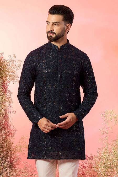 Kasbah_Blue Georgette Sequins Short Kurta _Online_at_Aza_Fashions