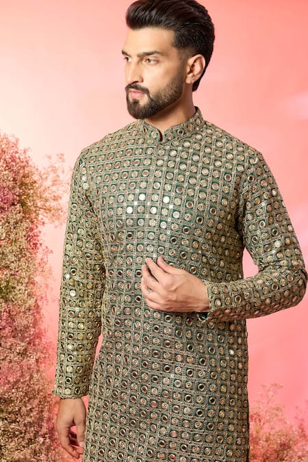 Kasbah_Green Georgette Mirrors, Zari Work Kurta In Bottle _Online_at_Aza_Fashions