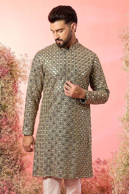 Buy_Kasbah_Green Georgette Mirrors, Zari Work Kurta In Bottle _Online_at_Aza_Fashions