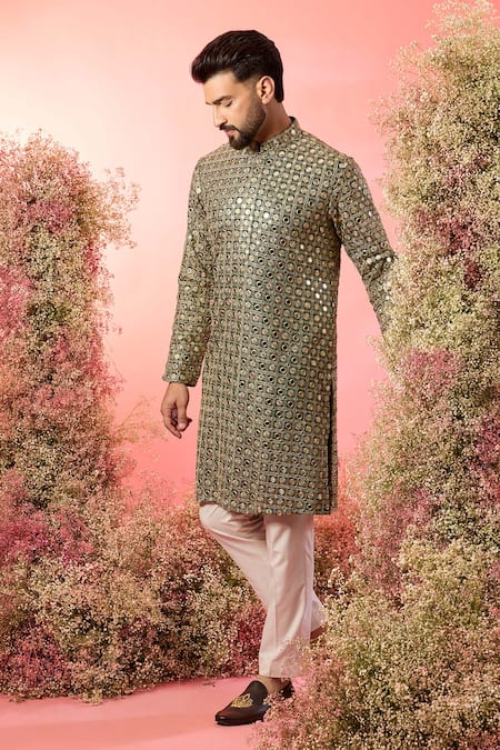 Kasbah Green Georgette Mirrors, Zari Work Kurta In Bottle 