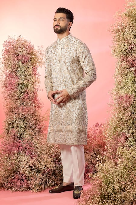 Kasbah White Georgette Zari Kurta With Floral Embroidery 