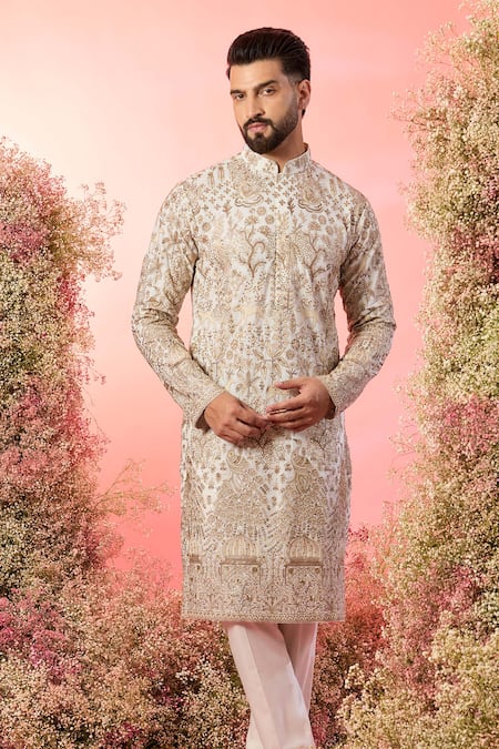 Buy_Kasbah_White Georgette Zari Kurta With Floral Embroidery _Online_at_Aza_Fashions