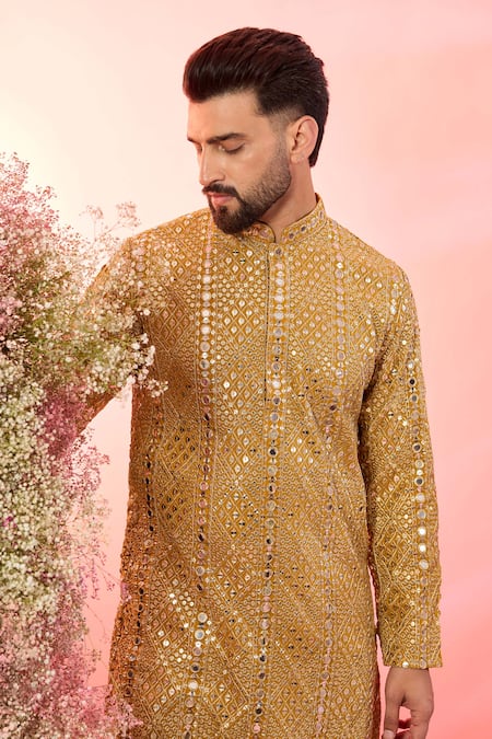 Kasbah Yellow Georgette Mirrors, Zari Mustard Work Kurta Online at Aza Fashions Kasbah_Yellow Georgette Mirrors, Zari Mustard Work Kurta _Online_at_Aza_Fashions