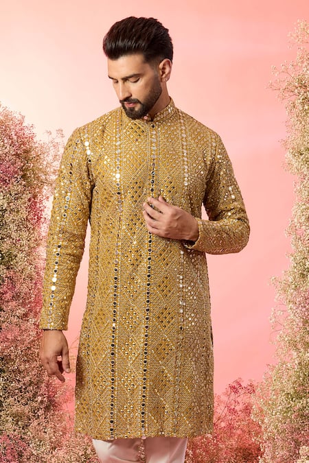 Buy Kasbah Yellow Georgette Mirrors, Zari Mustard Work Kurta Online at Aza Fashions Buy_Kasbah_Yellow Georgette Mirrors, Zari Mustard Work Kurta _Online_at_Aza_Fashions