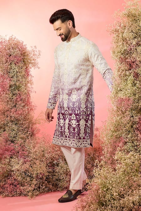Kasbah Purple Silk Embroidery Ombre Shaded Chikankari Kurta 