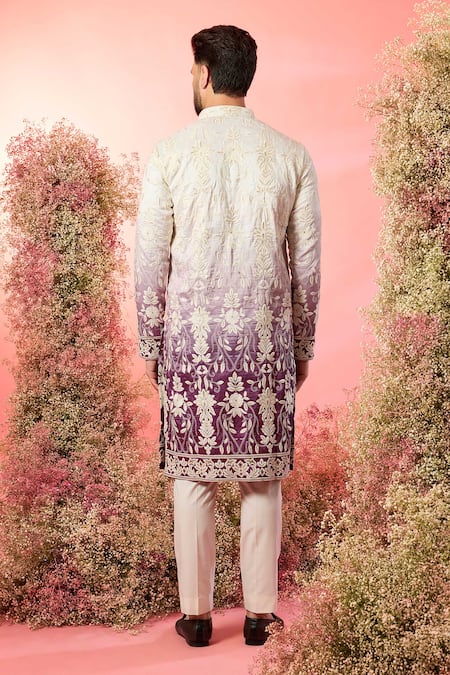 Shop Kasbah Purple Silk Embroidery Ombre Shaded Chikankari Kurta at Aza Fashions Shop_Kasbah_Purple Silk Embroidery Ombre Shaded Chikankari Kurta _at_Aza_Fashions