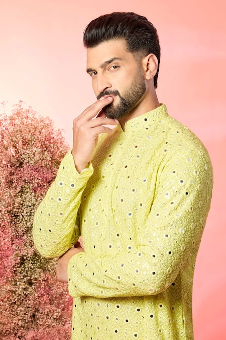 Kasbah Yellow Georgette Mirrors, Embroidery Classic Work Kurta Online at Aza Fashions Kasbah_Yellow Georgette Mirrors, Embroidery Classic Work Kurta _Online_at_Aza_Fashions