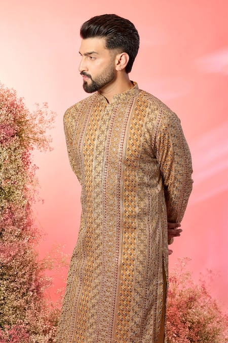 Kasbah_Yellow Georgette Embroidery Mustard Royal Zari Kurta _Online_at_Aza_Fashions