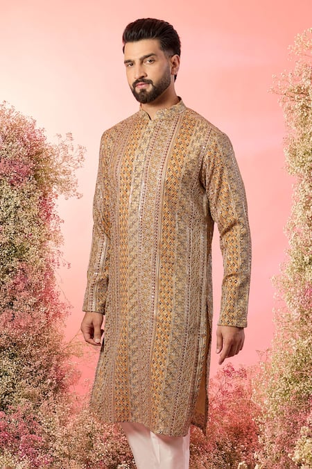 Buy_Kasbah_Yellow Georgette Embroidery Mustard Royal Zari Kurta _Online_at_Aza_Fashions
