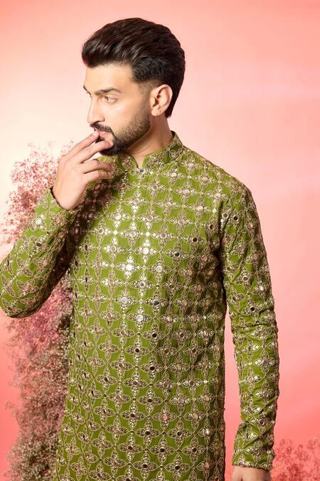 Kasbah_Green Georgette Mirrors, Zari Work Kurta In Signature Lime _Online_at_Aza_Fashions