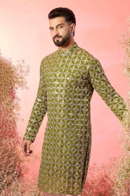 Buy_Kasbah_Green Georgette Mirrors, Zari Work Kurta In Signature Lime _Online_at_Aza_Fashions