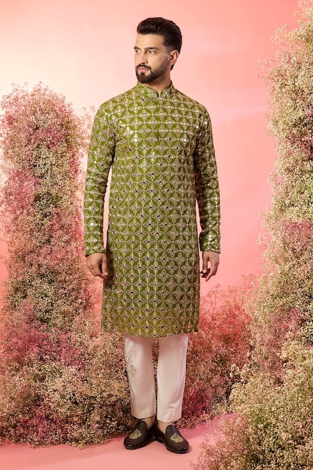 Kasbah Green Georgette Mirrors, Zari Work Kurta In Signature Lime 