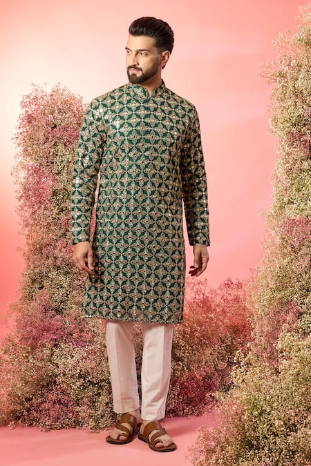 Kasbah Green Georgette Zari Mirror Work Kurta In Bottle 