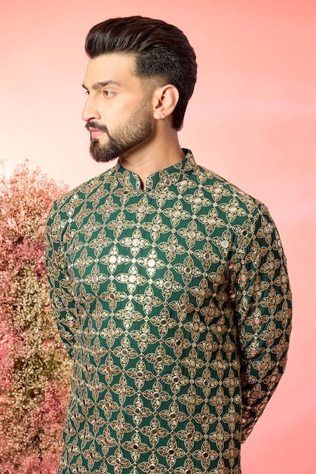 Kasbah_Green Georgette Zari Mirror Work Kurta In Bottle _Online_at_Aza_Fashions
