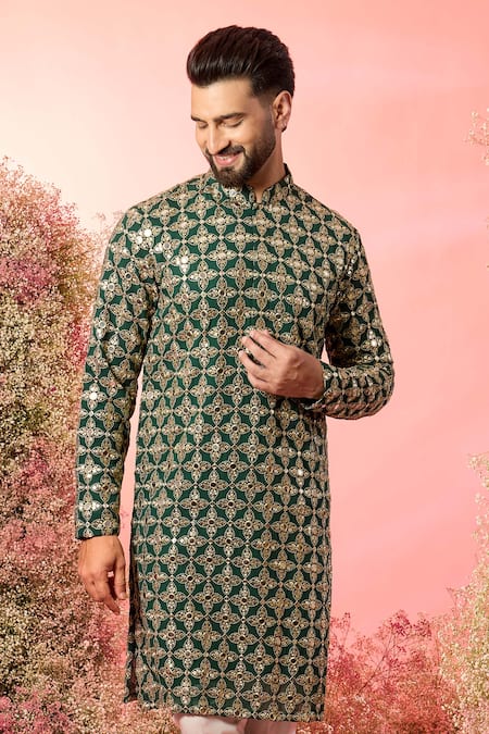 Buy_Kasbah_Green Georgette Zari Mirror Work Kurta In Bottle _Online_at_Aza_Fashions