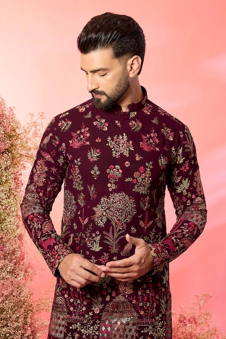 Kasbah_Maroon Georgette Embroidery Wine Chikankari Kurta _Online_at_Aza_Fashions