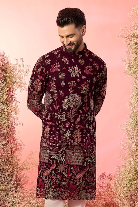 Buy_Kasbah_Maroon Georgette Embroidery Wine Chikankari Kurta _Online_at_Aza_Fashions