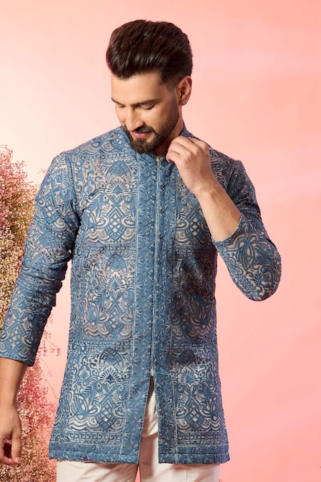 Kasbah_Blue Georgette Embroidery Chikankari Open Front Kurta _Online_at_Aza_Fashions