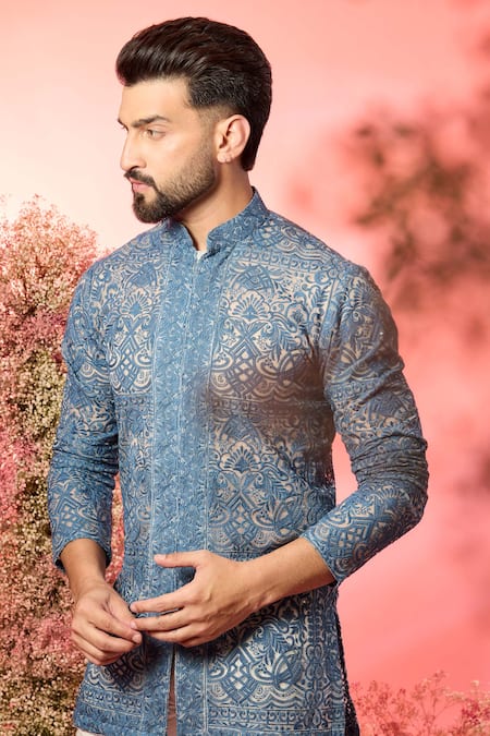 Buy_Kasbah_Blue Georgette Embroidery Chikankari Open Front Kurta _Online_at_Aza_Fashions