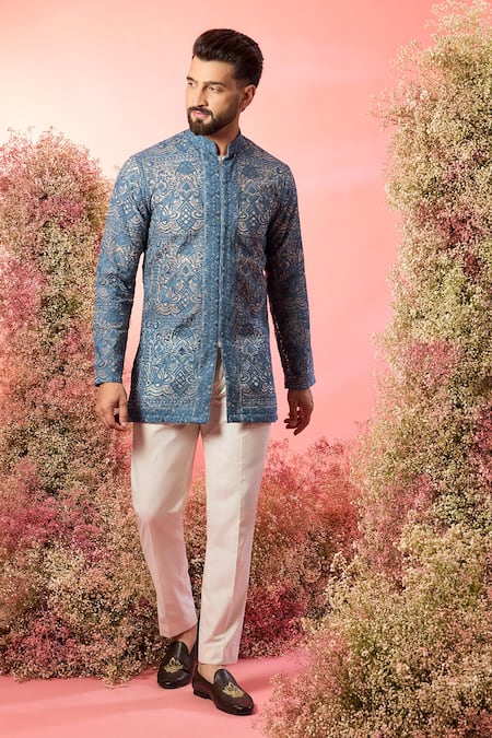 Kasbah Blue Georgette Embroidery Chikankari Open Front Kurta 