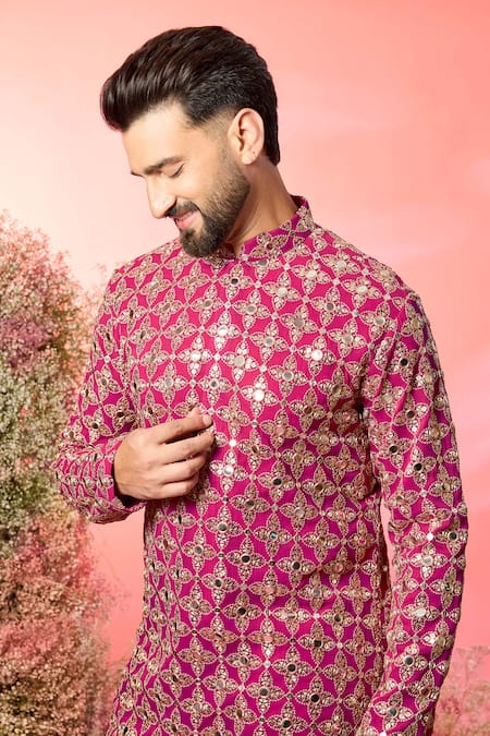 Kasbah Pink Georgette Mirrors, Zari Hot Work Kurta Online at Aza Fashions Kasbah_Pink Georgette Mirrors, Zari Hot Work Kurta _Online_at_Aza_Fashions