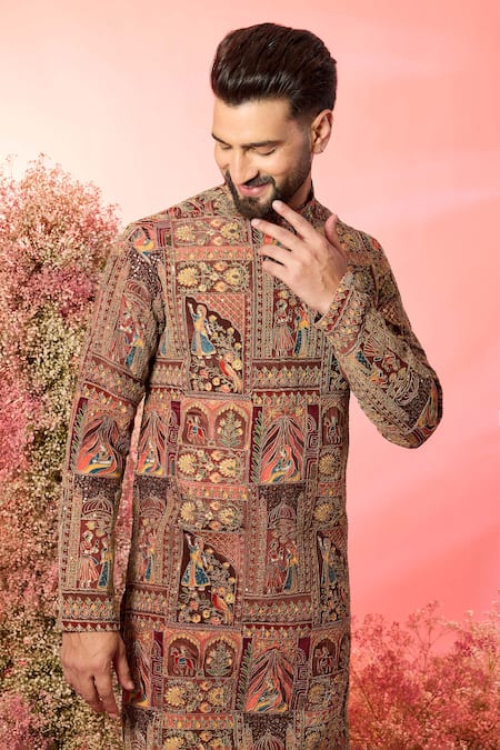 Kasbah_Mauve Georgette Embroidery Mughal Print Kurta _Online_at_Aza_Fashions