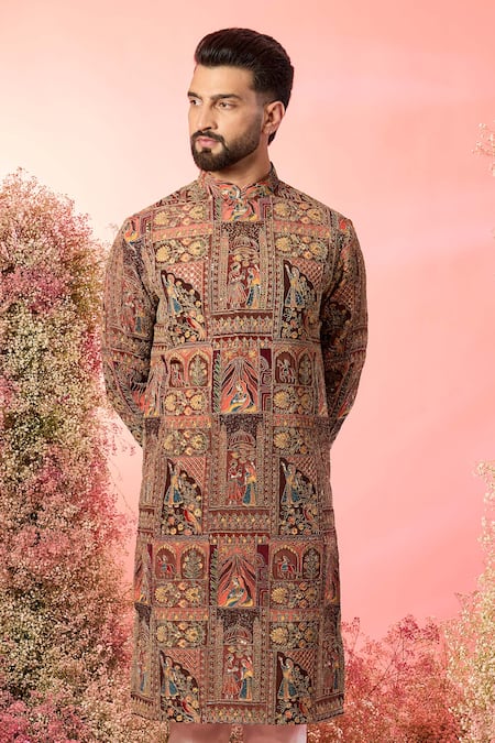 Buy_Kasbah_Mauve Georgette Embroidery Mughal Print Kurta _Online_at_Aza_Fashions