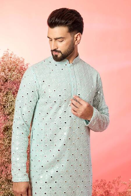 Kasbah_Blue Georgette Mirrors Classic Powder Work Kurta _Online_at_Aza_Fashions