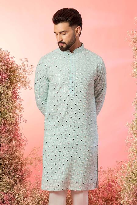 Buy_Kasbah_Blue Georgette Mirrors Classic Powder Work Kurta _Online_at_Aza_Fashions