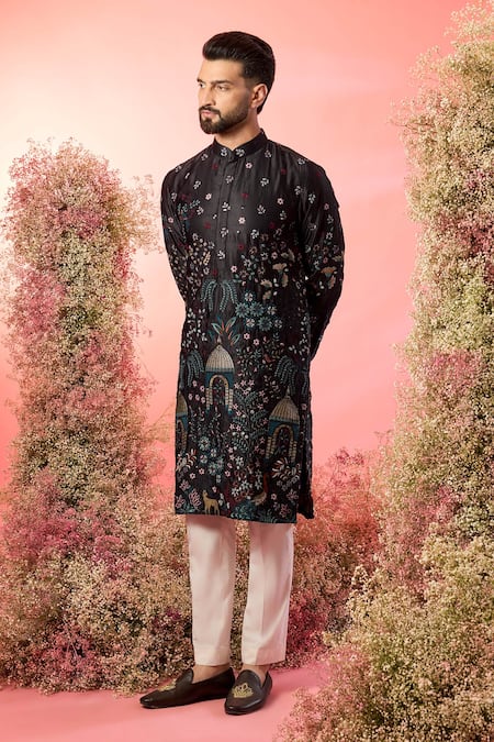 Kasbah Black Silk Embroidery Threadwork Kurta With Mughal 