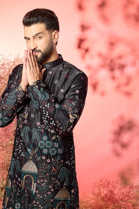 Kasbah_Black Silk Embroidery Threadwork Kurta With Mughal _Online_at_Aza_Fashions