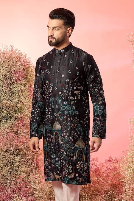 Buy_Kasbah_Black Silk Embroidery Threadwork Kurta With Mughal _Online_at_Aza_Fashions
