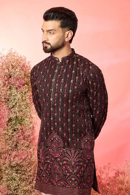 Kasbah Black Georgette Embroidery Short Kurta With Maroon Thread Work Online at Aza Fashions Kasbah_Black Georgette Embroidery Short Kurta With Maroon Thread Work _Online_at_Aza_Fashions
