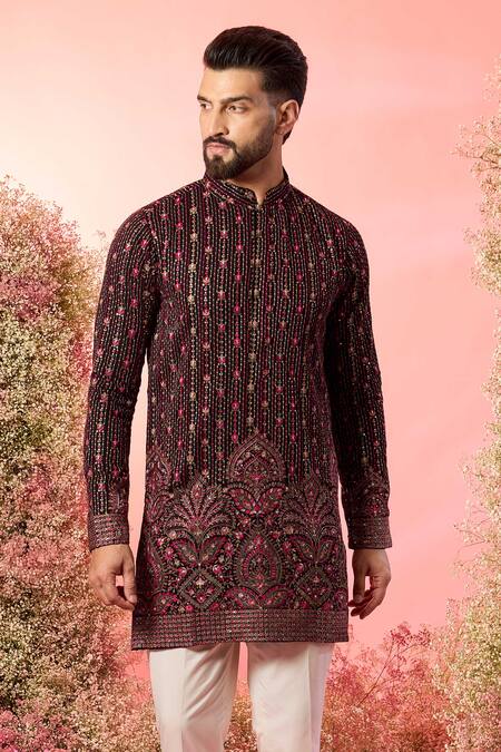 Buy Kasbah Black Georgette Embroidery Short Kurta With Maroon Thread Work Online at Aza Fashions Buy_Kasbah_Black Georgette Embroidery Short Kurta With Maroon Thread Work _Online_at_Aza_Fashions