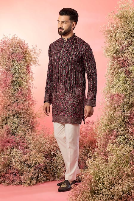 Kasbah Black Georgette Embroidery Short Kurta With Maroon Thread Work 