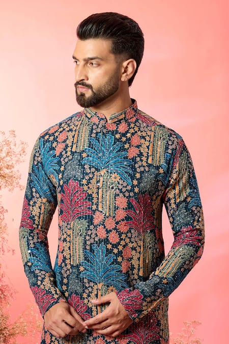 Kasbah_Multi Color Georgette Sequins Floral Printed Midnight Black Kurta _Online_at_Aza_Fashions