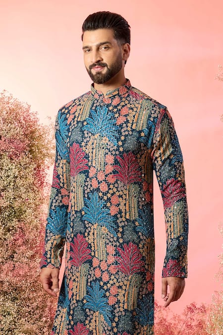 Buy_Kasbah_Multi Color Georgette Sequins Floral Printed Midnight Black Kurta _Online_at_Aza_Fashions