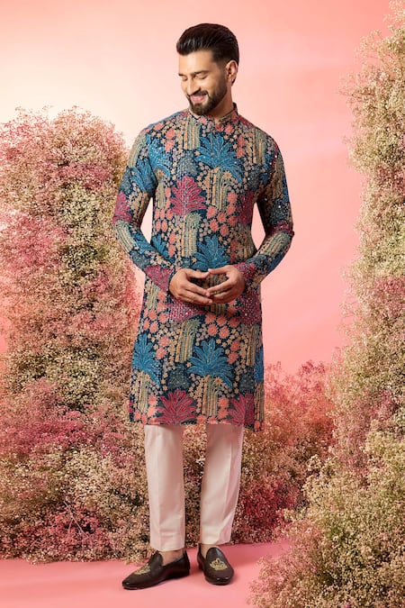 Kasbah Multi Color Georgette Sequins Floral Printed Midnight Black Kurta 