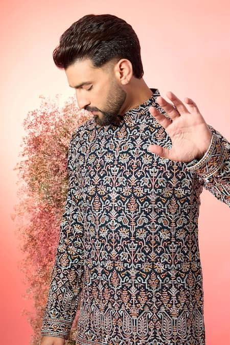 Kasbah_Blue Georgette Embroidery Signature Kashmiri Kurta _Online_at_Aza_Fashions