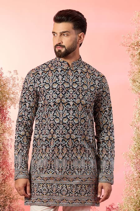 Buy_Kasbah_Blue Georgette Embroidery Signature Kashmiri Kurta _Online_at_Aza_Fashions
