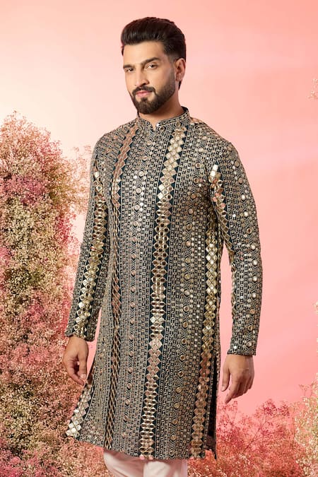 Buy_Kasbah_Green Georgette Mirrors, Zari Work Kurta In Bottle _Online_at_Aza_Fashions