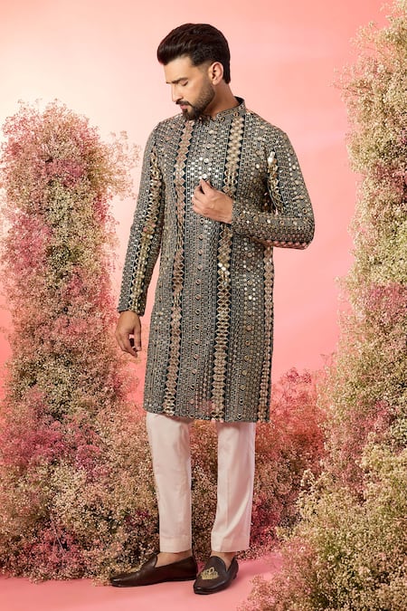 Kasbah Green Georgette Mirrors, Zari Work Kurta In Bottle 