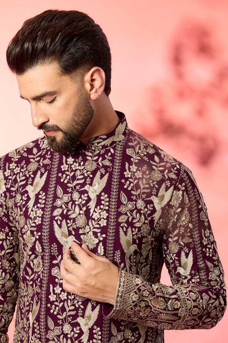 Kasbah_Wine Georgette Embroidery Chikankari Kurta _Online_at_Aza_Fashions