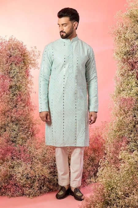 Kasbah Aqua Silk Mirrors Signature Blue Work Kurta 