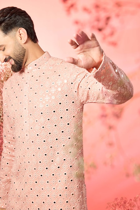 Kasbah_Peach Georgette Mirrors Classic Work Kurta _Online_at_Aza_Fashions